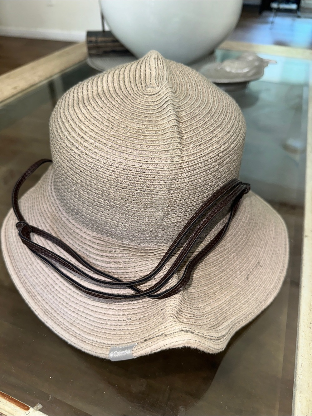 Columbia Beige Woven Bucket Hat with Dark Brown Chin Strap